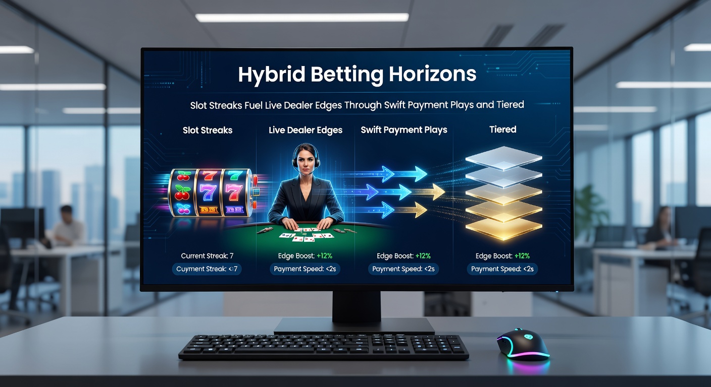Grafik zeigt Slot-Streak mit explodierenden Gewinnen, die zu einem Live-Dealer-Tisch übergehen, umgeben von Zahlungs- und Reward-Symbolen