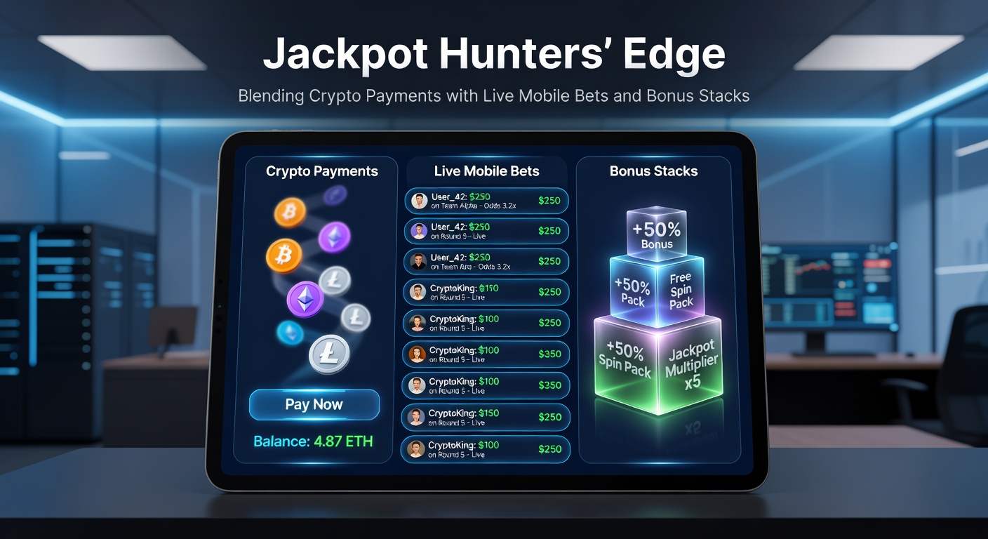 Grafik mit Krypto-Transaktionen, mobilen Live-Wetten und aufgestapelten Bonus-Chips vor einem Jackpot-Rad